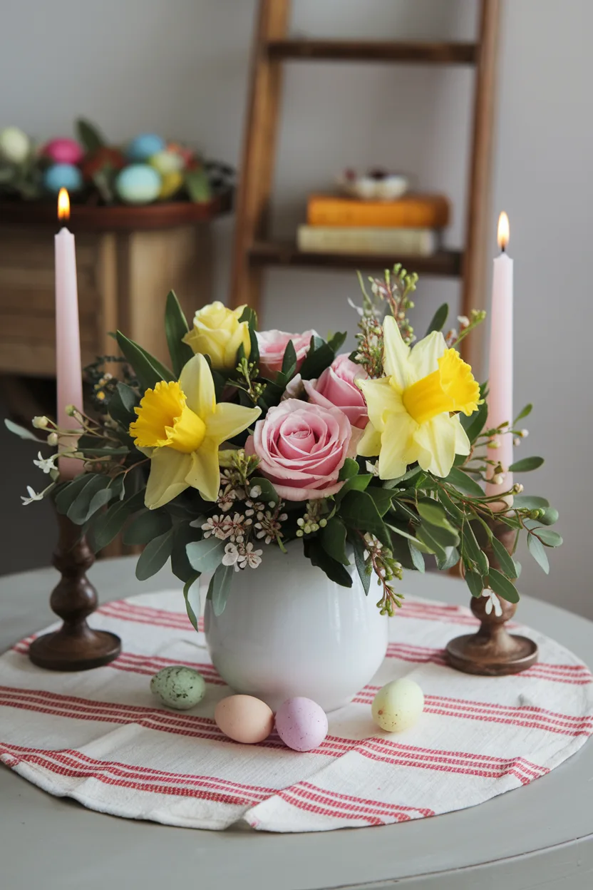 easter table centerpiece of floral and foliage combination