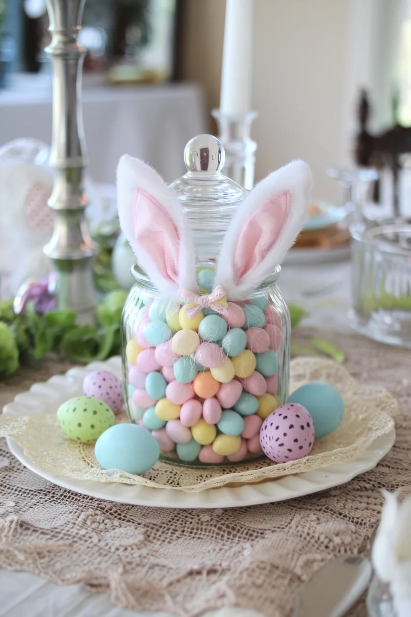 easter table centerpiece of glass jar with bunny ears