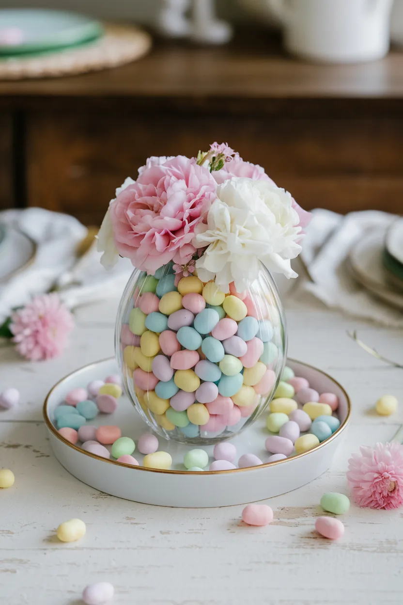 easter table centerpiece of jelly bean vase