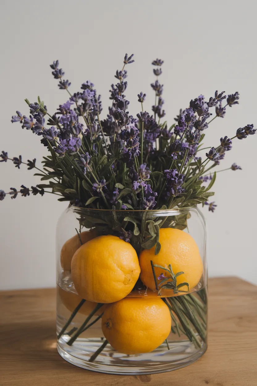 easter table centerpiece of lemon and lavender arrangement