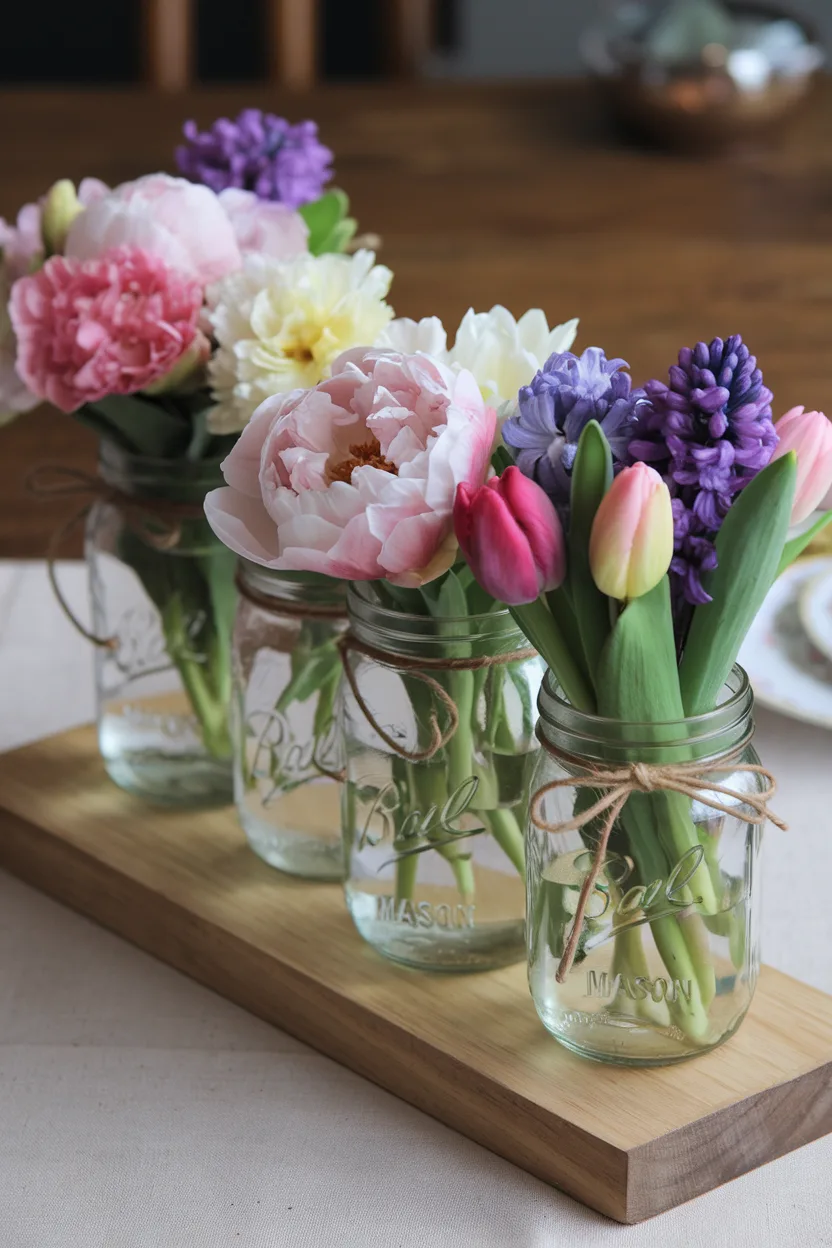 easter table centerpiece of mason jar spring blooms