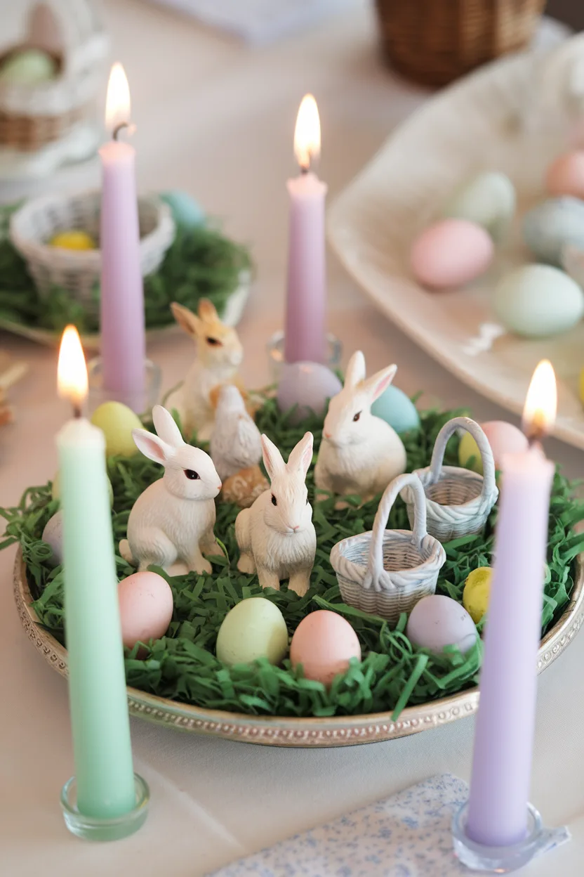 easter table centerpiece of miniature easter scene