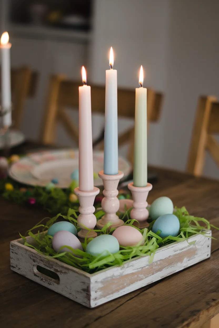 easter table centerpiece of pastel candle arrangement