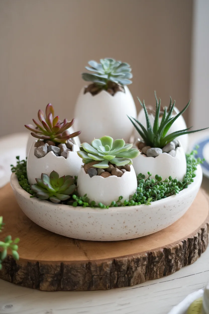 easter table centerpiece of succulent and egg planters