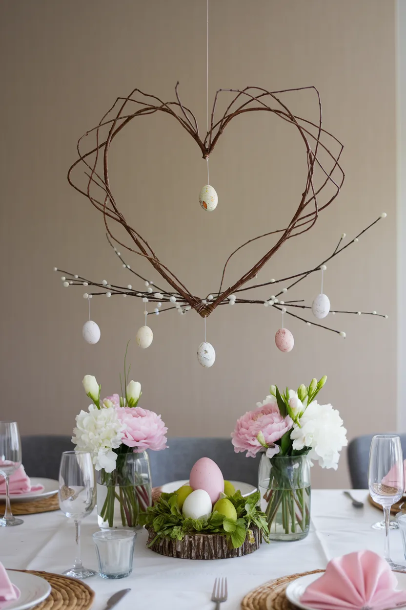 easter table centerpiece of twig and egg mobile