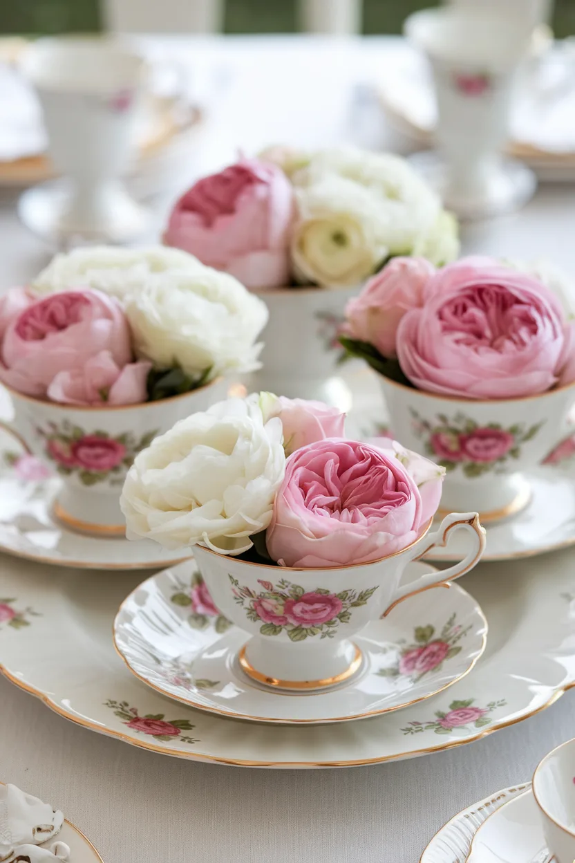 easter table centerpiece of vintage tea cups with blooms