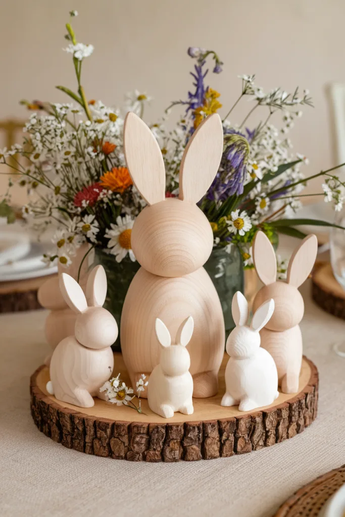 easter table centerpiece of wooden bunny figurines with wildflowers