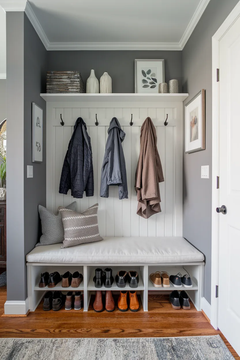 foyer entryway decor ideas with a practical coat and shoe storage solution