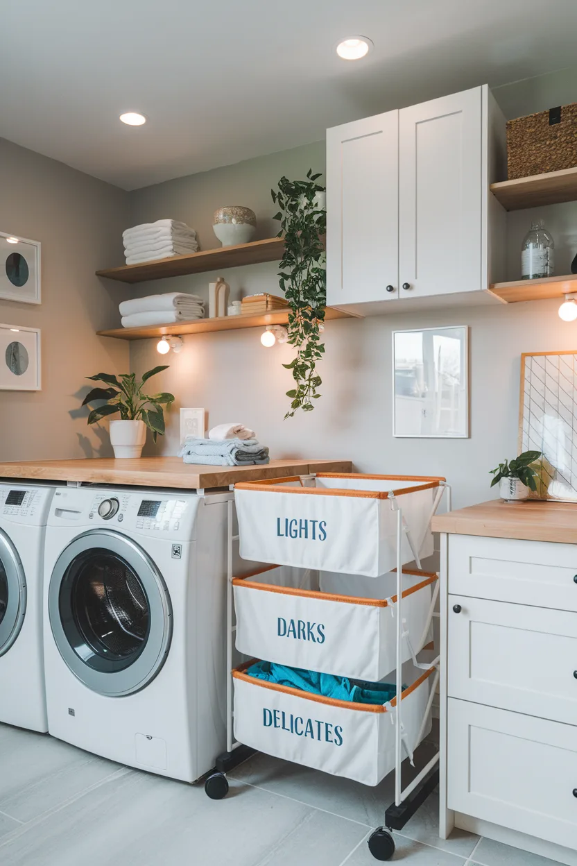 laundry room rolling three section laundry sorter