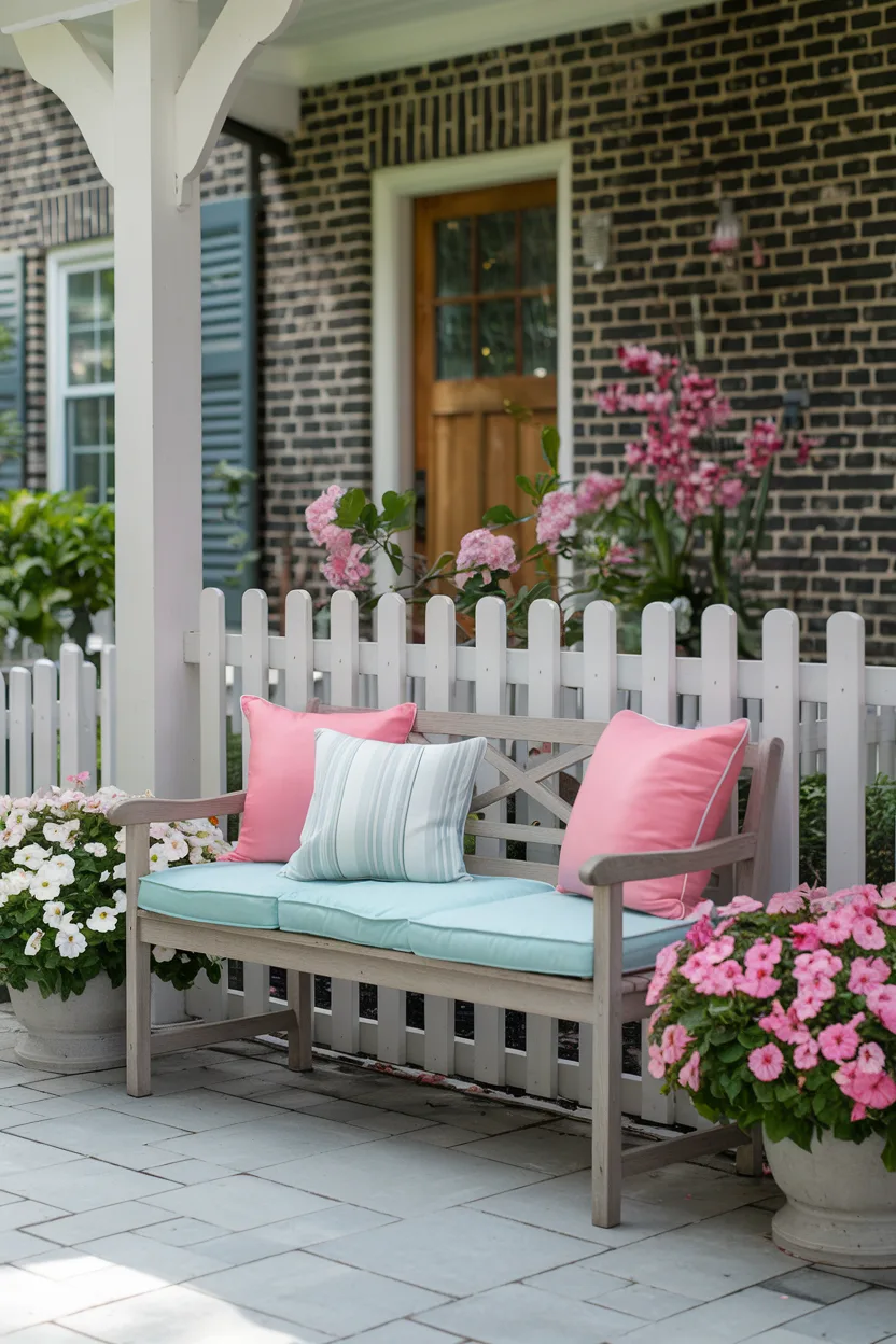 spring decorating ideas outdoor bench with bright cushions