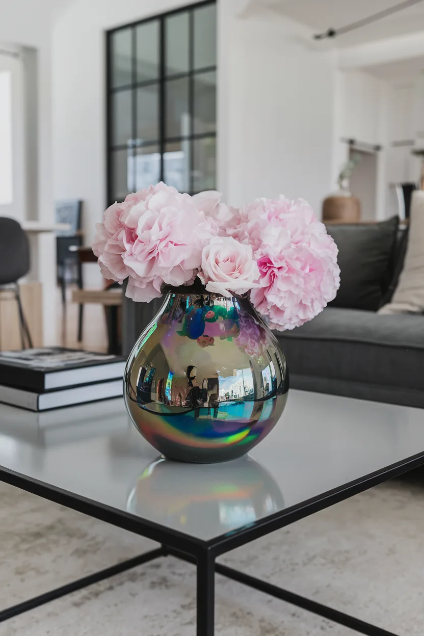 vase decorating ideas with iridescent glass vase