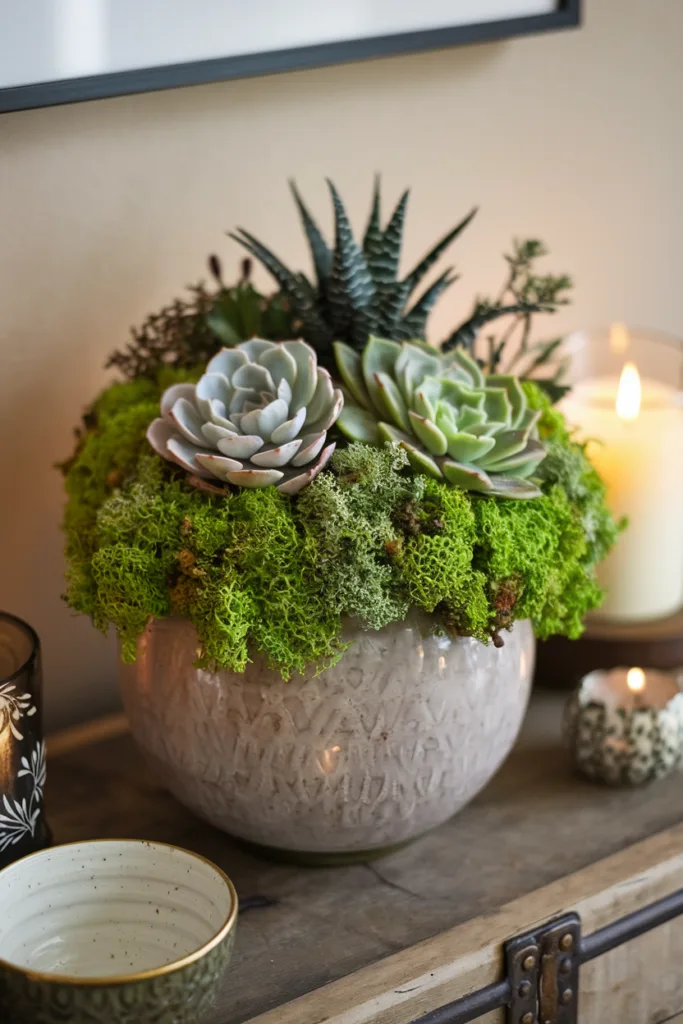 vase decorating ideas with moss and succulents