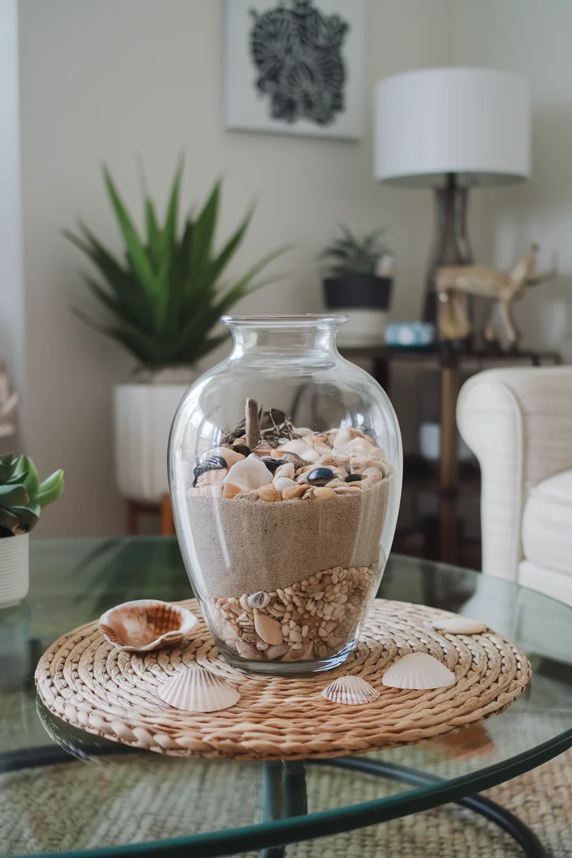 vase with sand and shells