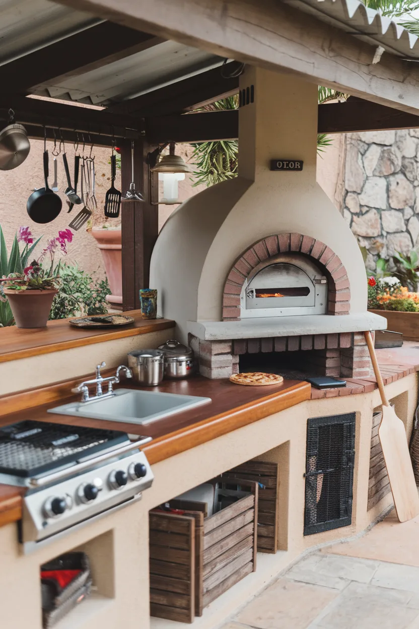 outdoor kitchen with a pizza oven