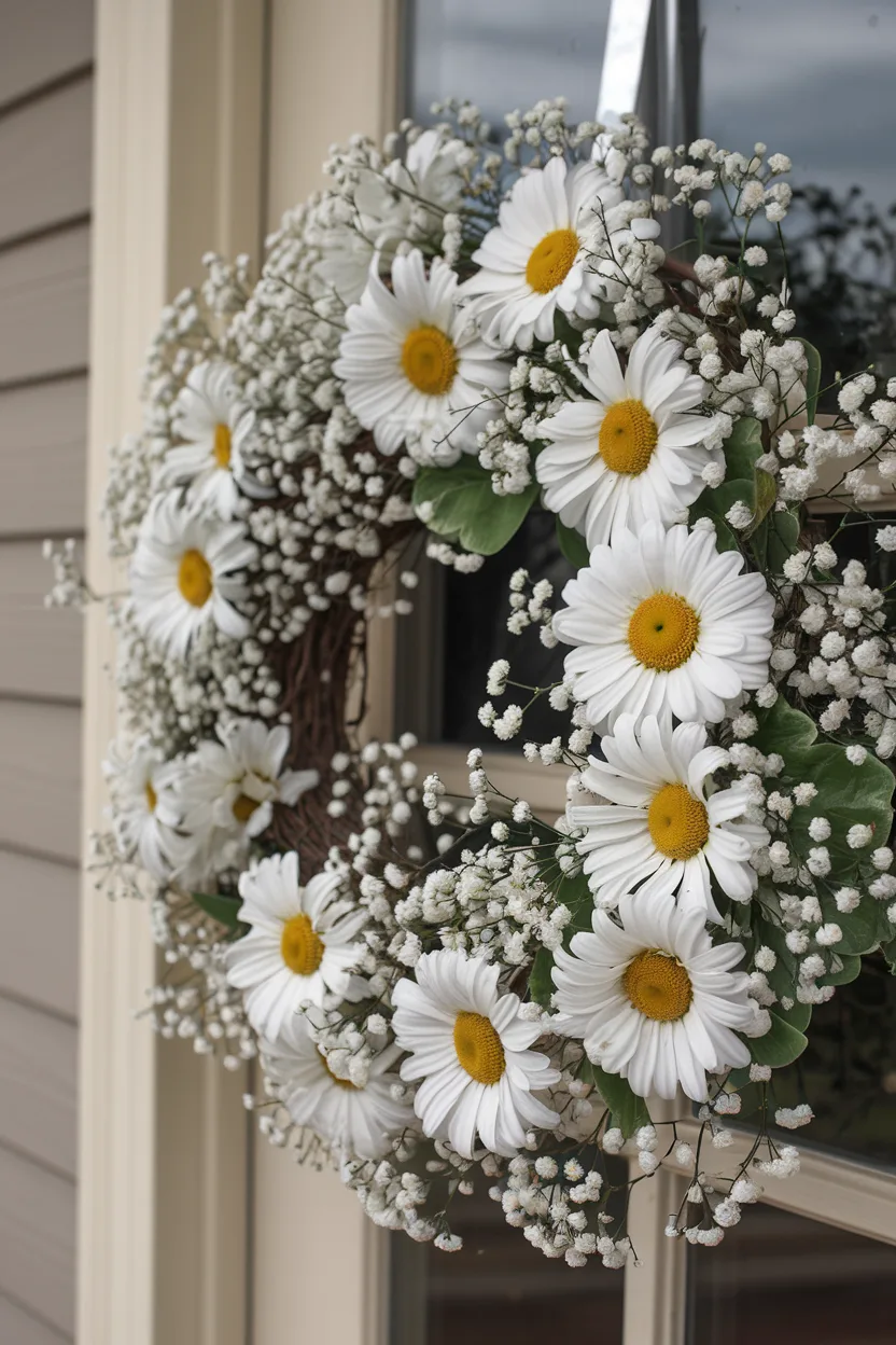 spring wreath daisy and babys breath wreath