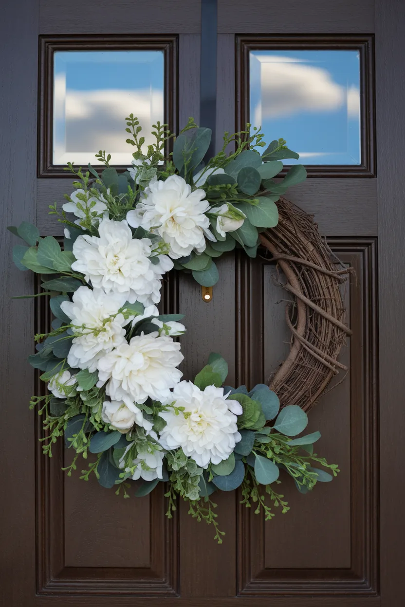 spring wreath white floral wreath with greenery