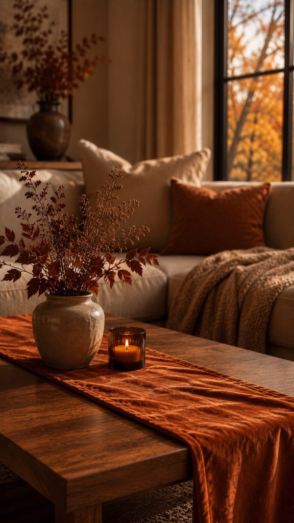 a burnt orange velvet runner beneath your fall vignette
