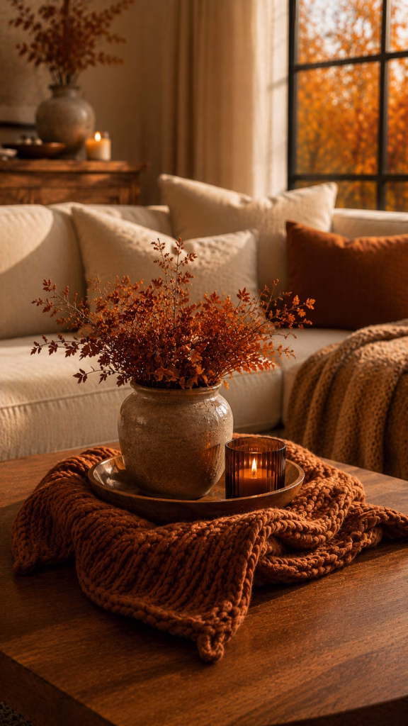 a chunky cognac wool throw draped beneath the centerpiece