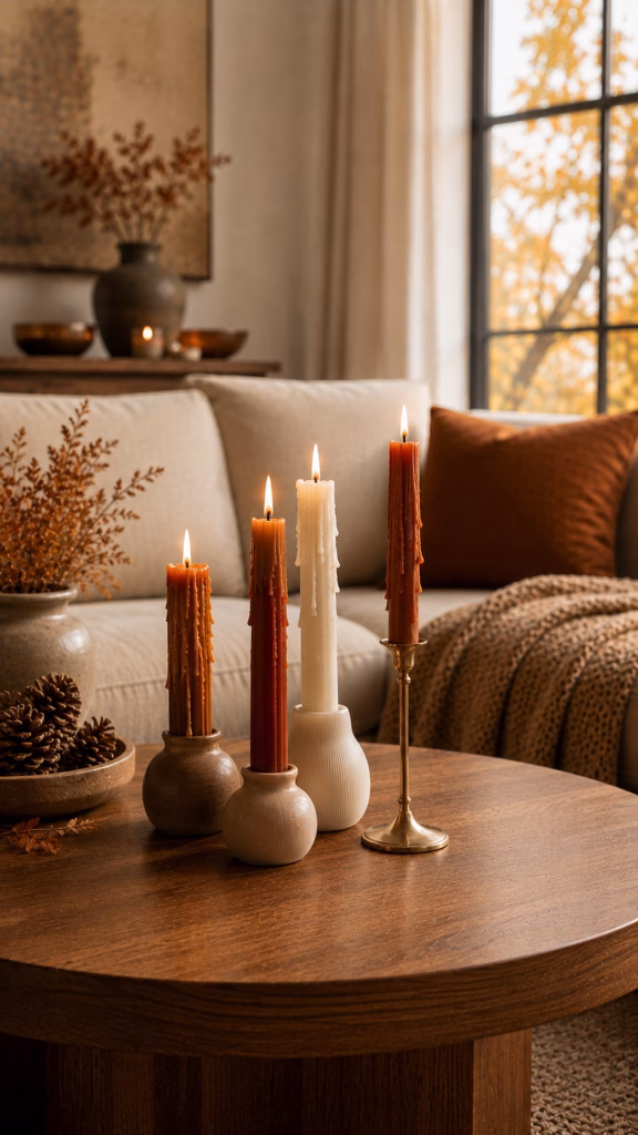 a cluster of taper candles in amber, rust and cream