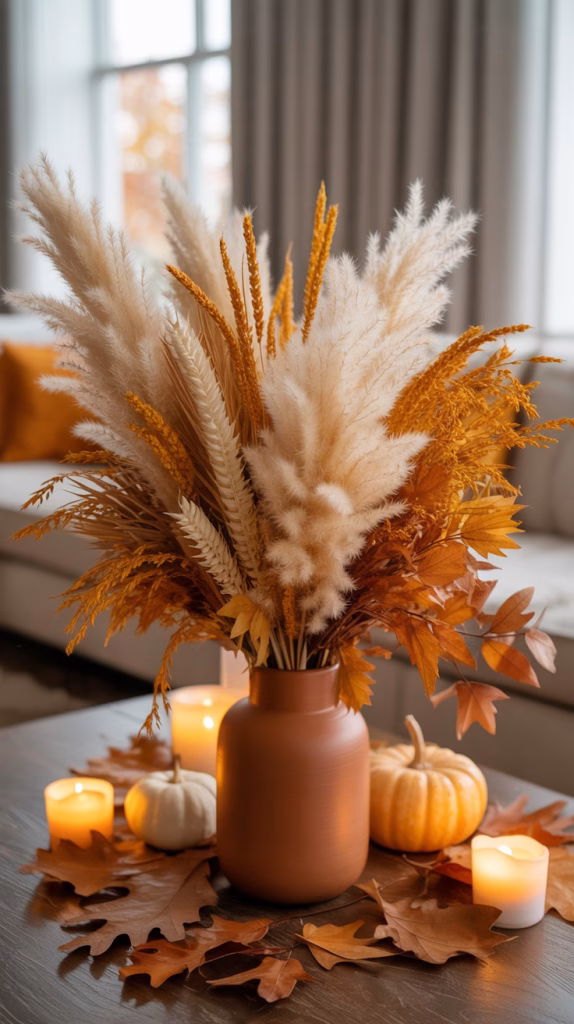 a dried pampas and wheat centerpiece