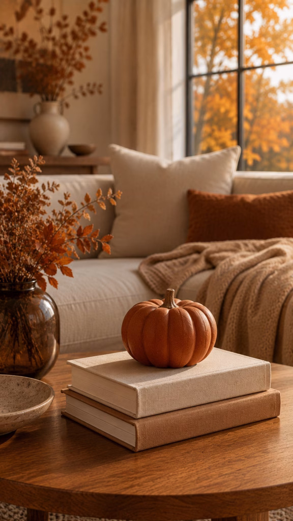 a stack of linen bound books topped with a mini ceramic pumpkin