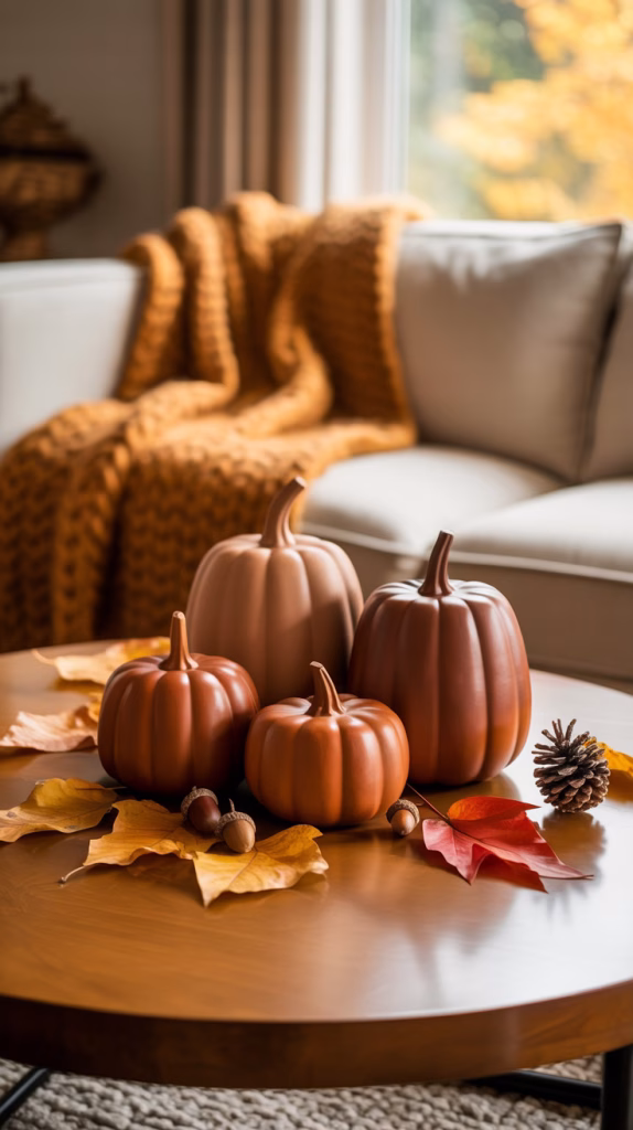 a trio of modern ceramic pumpkins in burnt sienna and rust