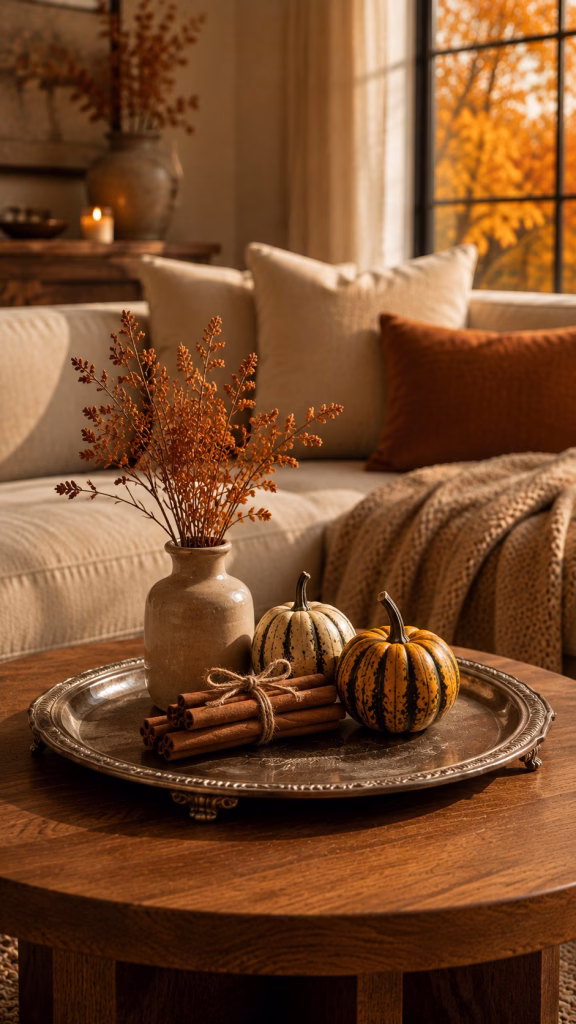 a vintage silver tray layered with cinnamon sticks and small gourds