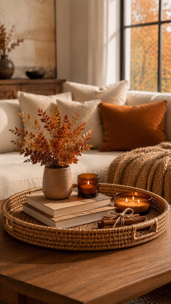 a woven rattan tray anchoring the whole vignette with a cinnamon stick bundle