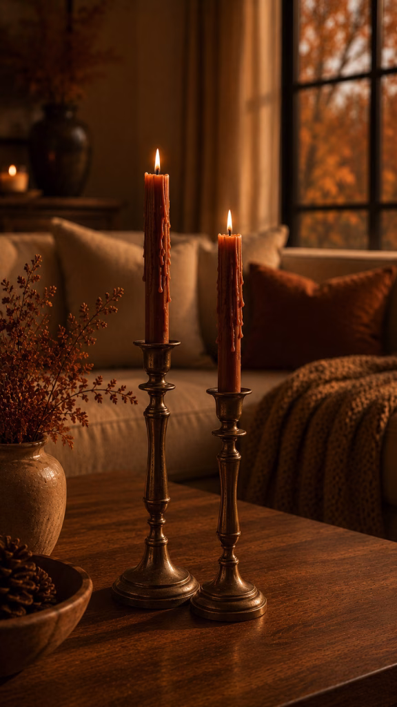 aged brass candlesticks with dripping wax detail