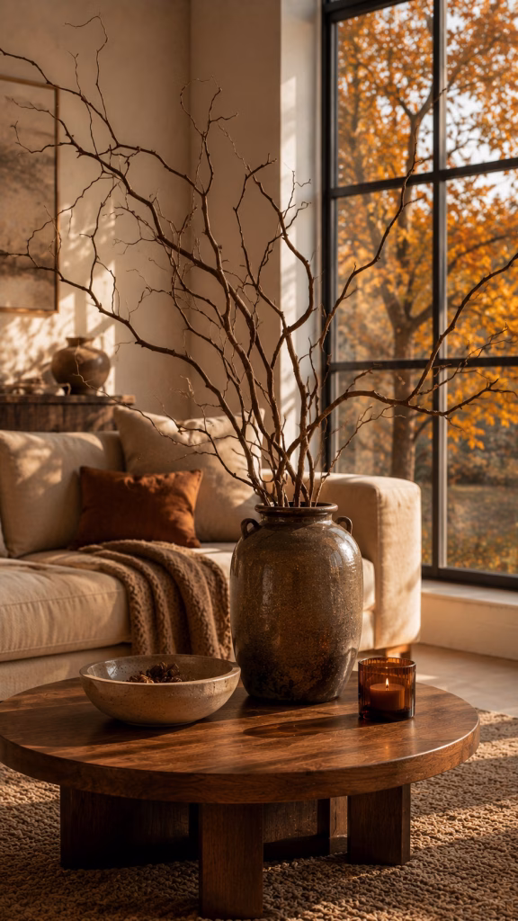 bare branches arranged in a tall vintage stoneware urn