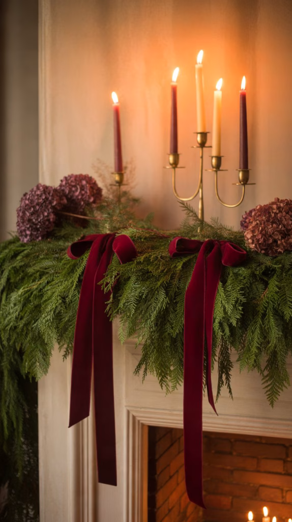 burgundy velvet ribbon and brass candelabras