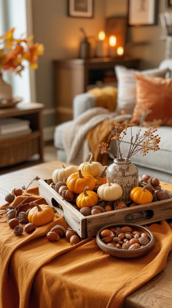 foraged acorns, mini gourds and seed pods on a weathered wooden tray