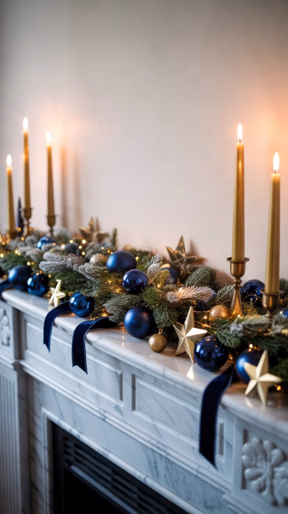midnight blue christmas mantel decor with gold stars