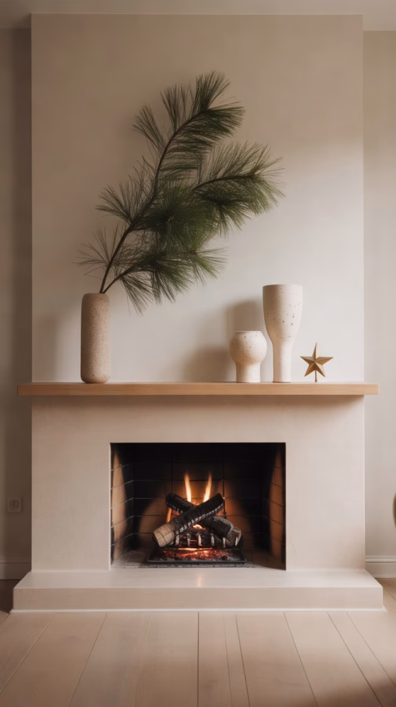 minimalist mantel with a single sculptural branch