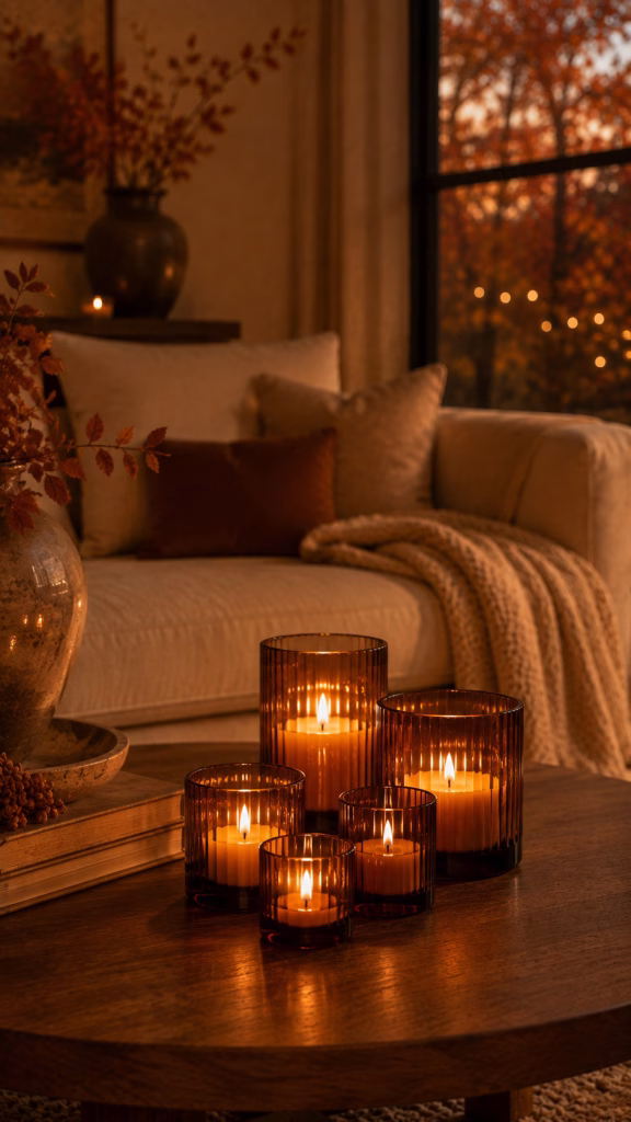 mixed height tea lights in amber glass votives