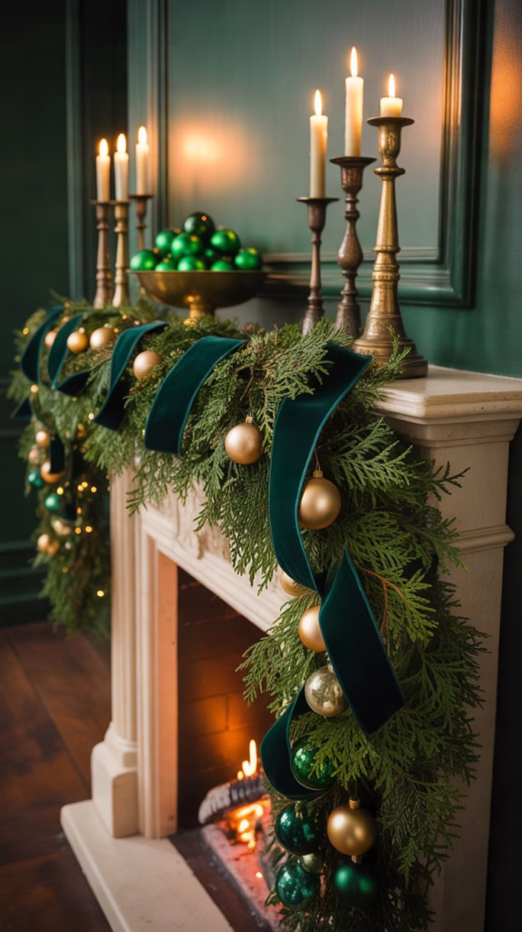 moody emerald and antique gold mantel