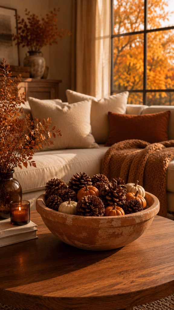 pinecones and mini pumpkins in a weathered terracotta bowl