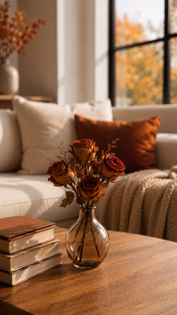 rust toned dried roses in a petite glass bud vase